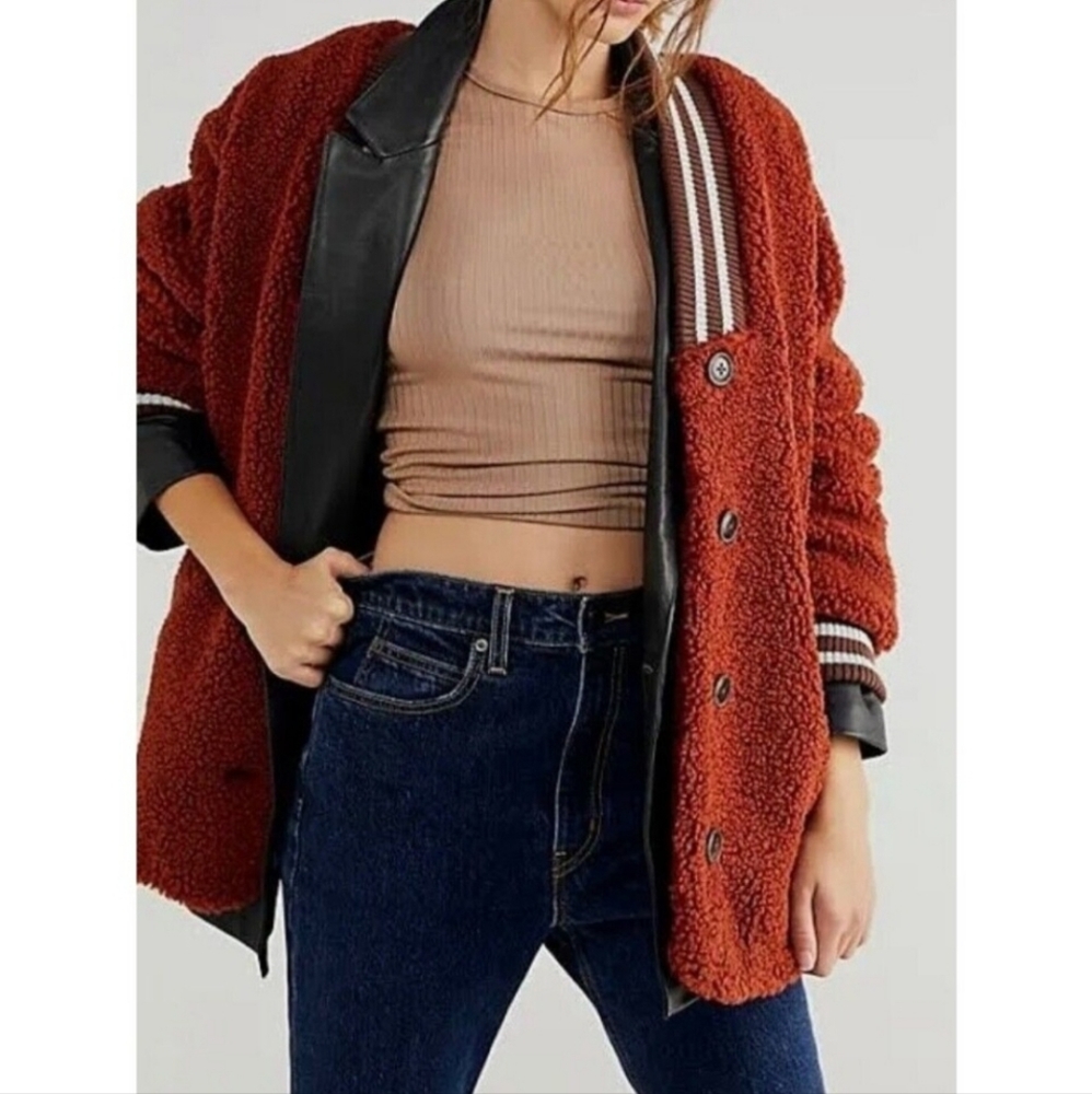 NWOT Free People Sweet Varsity Cardigan Sherpa Shacket XL